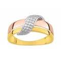 Anillo triple de oro tricolor de 9K con diamante 0.084 ct