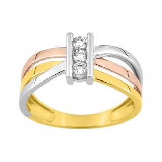 Anillo de oro tricolor 9K, 3 bandas y circonitas