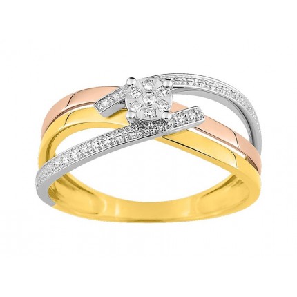 Anel duplo em ouro tricolor 9K com diamantes 0.03 ct