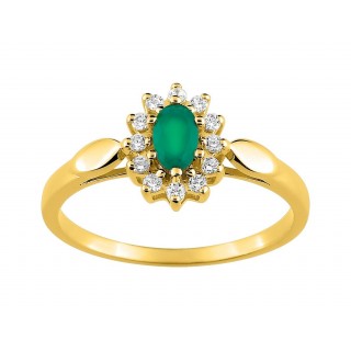 Anel em ouro amarelo 9K zircónia e esmeralda central