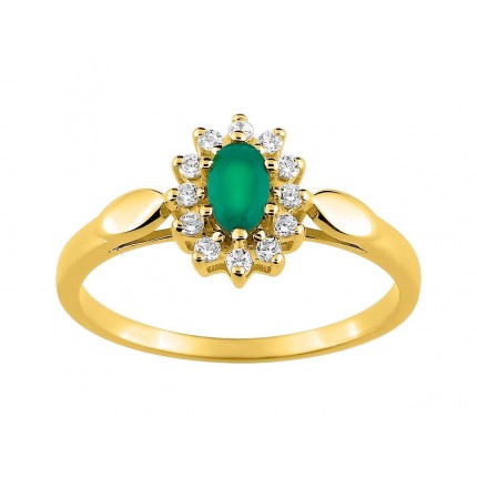 Anel em ouro amarelo 9K zircónia e esmeralda central