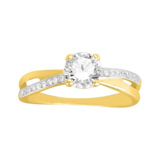 Anillo solitario con un diseño cruzado bañado en oro, rodio y circonita 6 mm