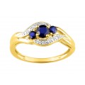 Anillo bañado en oro Trilogía con 3 circonitas azules y diseño 2 tiras