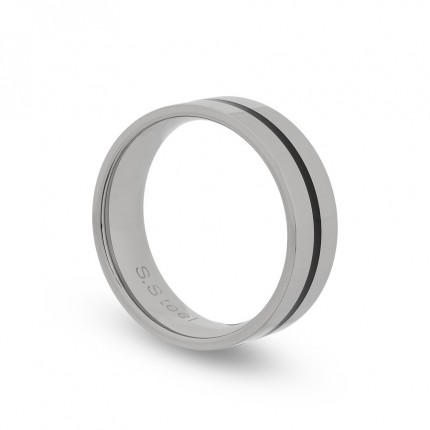 Anillo de acero con ranuras y línea negra para caballero