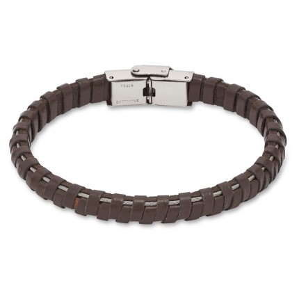 Pulseira de homem em aço e couro castanha com 2 fios