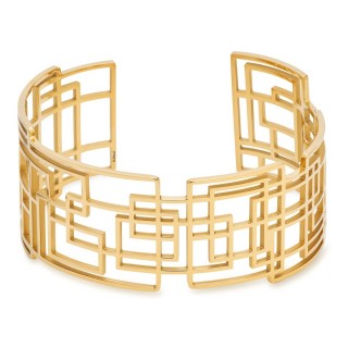 Pulseira rígida em aço dourado larga e aberta com desenho