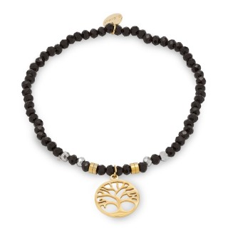 Pulsera de acero con árbol de la vida dorado en cristal negro
