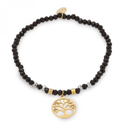Pulseira em aço com árvore da vida dourada e cristal preto