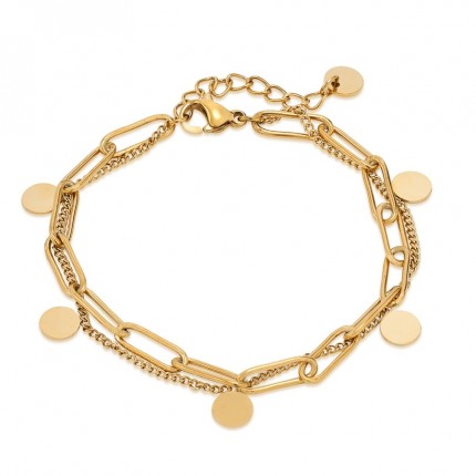 Pulseira dupla em aço dourado com chapas de 16+3 cm