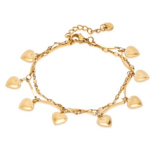 Pulseira em aço dourado com coração e chapas de 16+3 cm