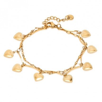 Pulseira em aço dourado com coração e chapas de 16+3 cm