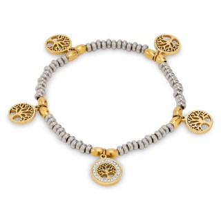 Pulsera de acero con charm de 5 árboles de la vida bicolor