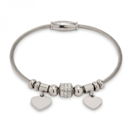 Pulsera de acero con charm de 2 corazones en plateado