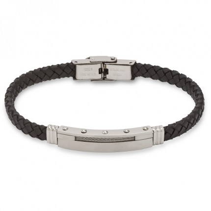 Pulseira de homem em aço preto e couro