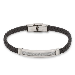 Pulseira em couro de homem com placa em aço preto