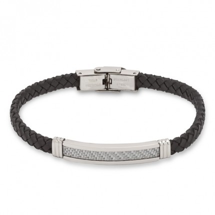 Pulsera de piel con placa para caballero en acero y negro