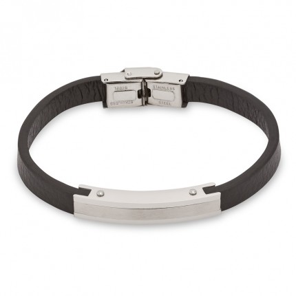 Pulseira de homem em aço e couro lisa com placa