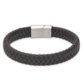 Pulseira em aço e couro de homem  preta larga e entrelaçada