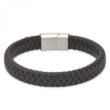 Pulseira em aço e couro de homem  preta larga e entrelaçada