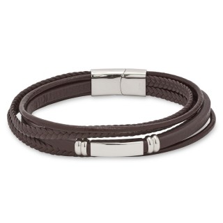 Pulseira em couro de homem com 5 tiras marrons e placa em aço