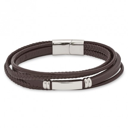 Pulseira em couro de homem com 5 tiras marrons e placa em aço