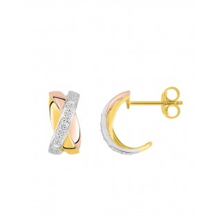 Pendientes de oro 18K diseño X bicolor con diamante 0.03 ct