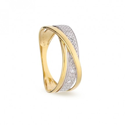 Anillo plano de oro bicolor 18K con diamantes 0,02 ct