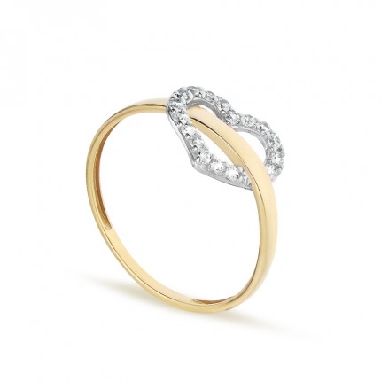 Anillo de oro amarillo 18K rodio y corazón de circonitas
