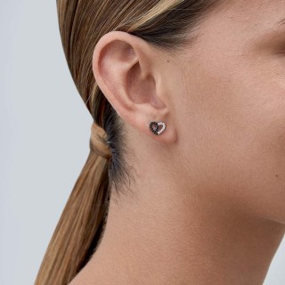 Brincos de prata preto e branco com coração de zircónia