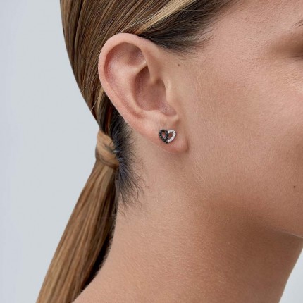 Pendientes de plata blanco y negro corazón con circonita