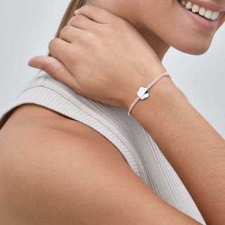 Pulseira em prata flor cordão rosa ajustável