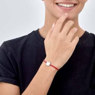 Pulseira em prata chapa e cordão vermelho para gravar