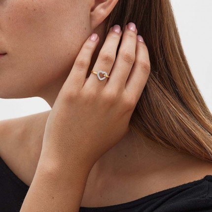 Anillo oro bicolor 9 KT corazón abierto circonita