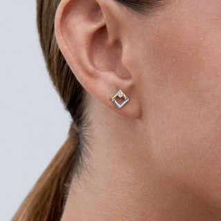 Brincos em ouro bicolor 9 kt quadrado com zircónia