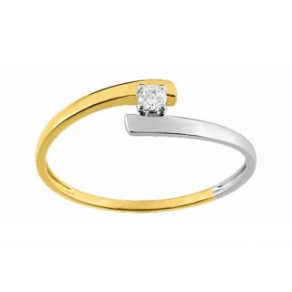 Anillo solitario en oro bicolor 9K con brillante circonita
