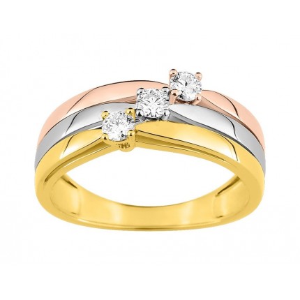 Anel solitário em ouro tricolor 18K com 3 diamantes de 0.26 ct