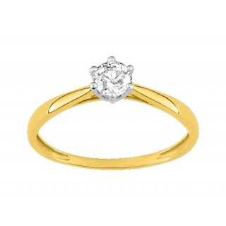Sortija de oro bicolor de 18K circonita central con 6 garras