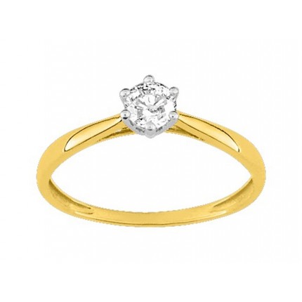 Sortija de oro bicolor de 18K circonita central con 6 garras