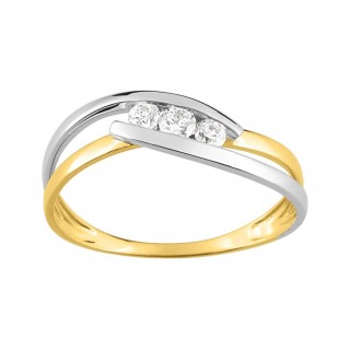 Anel solitário em ouro bicolor 18K com trilogia de zircónias