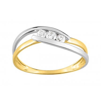Anel solitário em ouro bicolor 18K com trilogia de zircónias