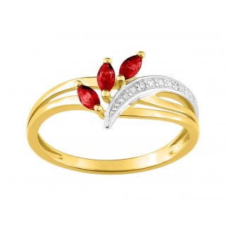 Anillo bañado en oro de rodio con 3 rubies sintéticos y circonitas
