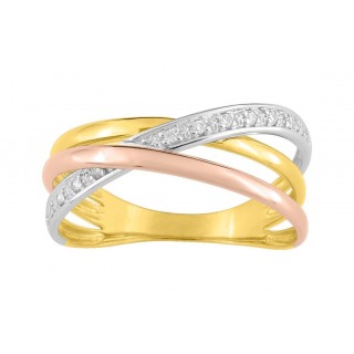 Anel em ouro tricolor 18K com 3 argolas e diamantes de 0,04 ct