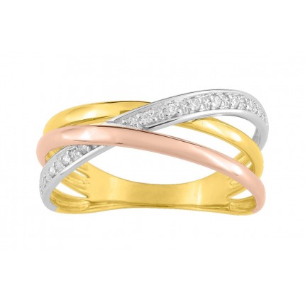Anel em ouro tricolor 18K com 3 argolas e diamantes de 0,04 ct