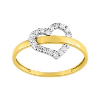 Anillo de oro amarillo 18K rodio y corazón de circonitas