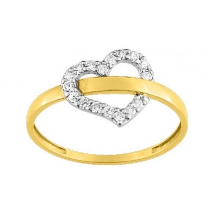 Anillo de oro amarillo 18K rodio y corazón de circonitas
