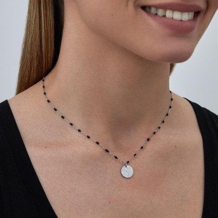Collar de acero con círculo y cadena de bolitas negras 40+5 cm