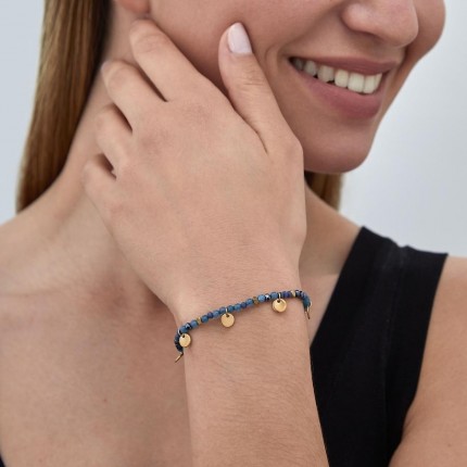Pulsera de acero lapislázuli sintética con chapas en dorado