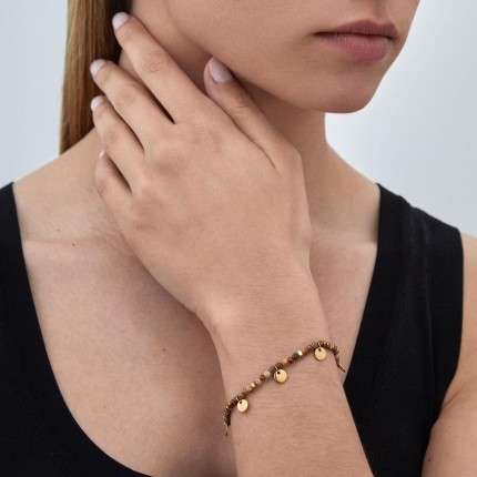 Pulsera de acero ojo de tigre y chapas en dorado