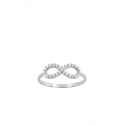 Sortija de oro blanco 9K con símbolo infinito de circonitas