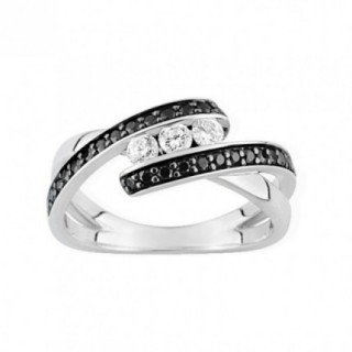 Anillo de trilogía de plata de rodiada de 1a ley y circonitas blanco y negro